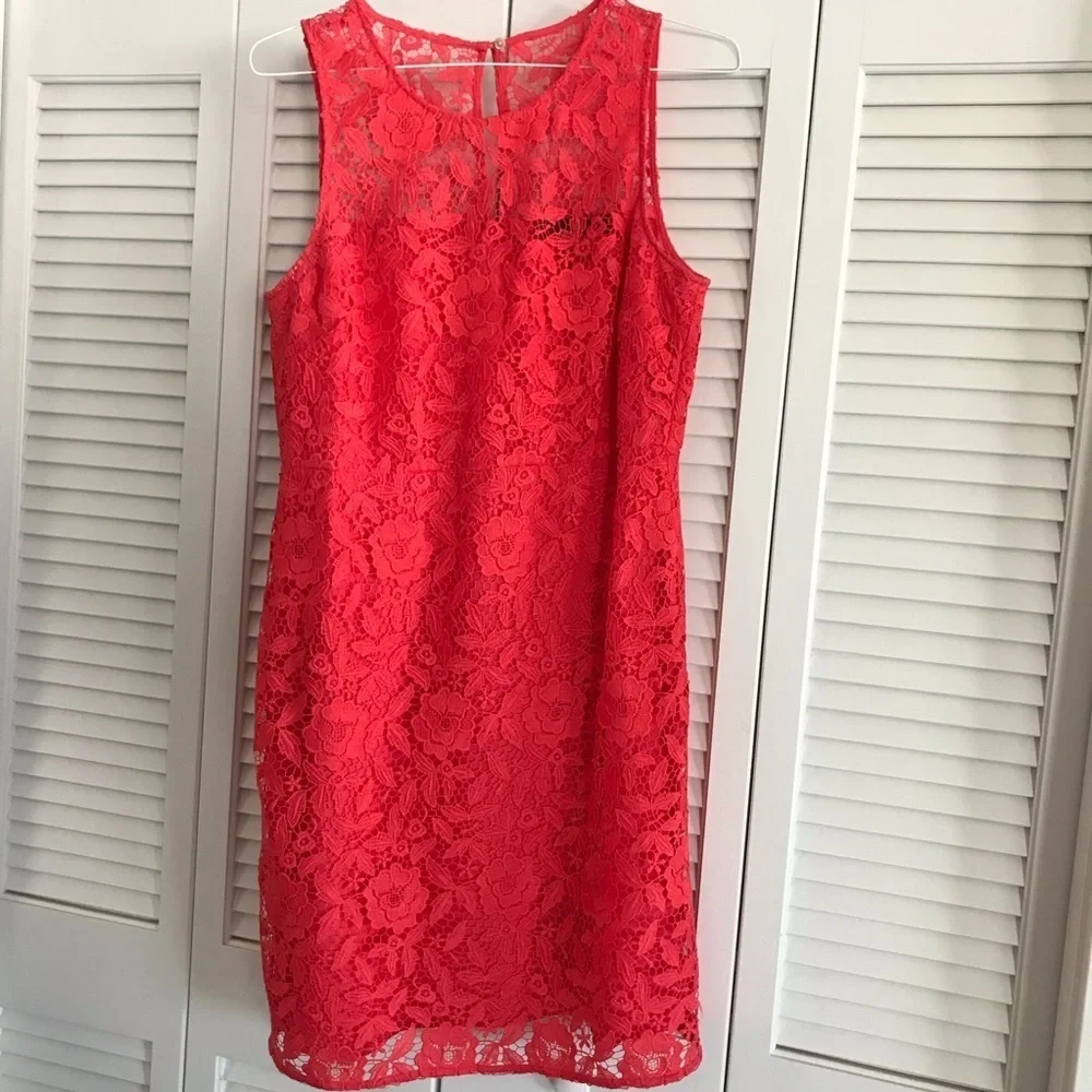 J. Crew Women’s Coral Sleeveless Sheath Midi Dress Floral Pattern Lace Size 14